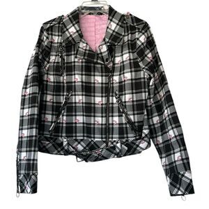 BlackMilk Tartan Heart Moto Jack Women's Size 12 Black Pink Plaid Biker NEW